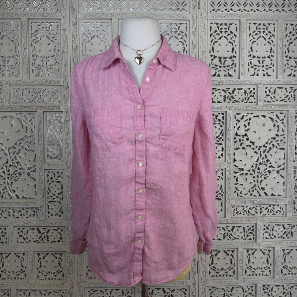 Talbots Linen Pink‎ Button Up Collared Blouse Sz S Beachy Coastal Nautical